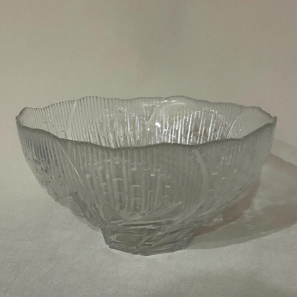Vintage Lausitzer Glass Crystal Leaf Serving Bowl 10" Textured Glass Centerpiece